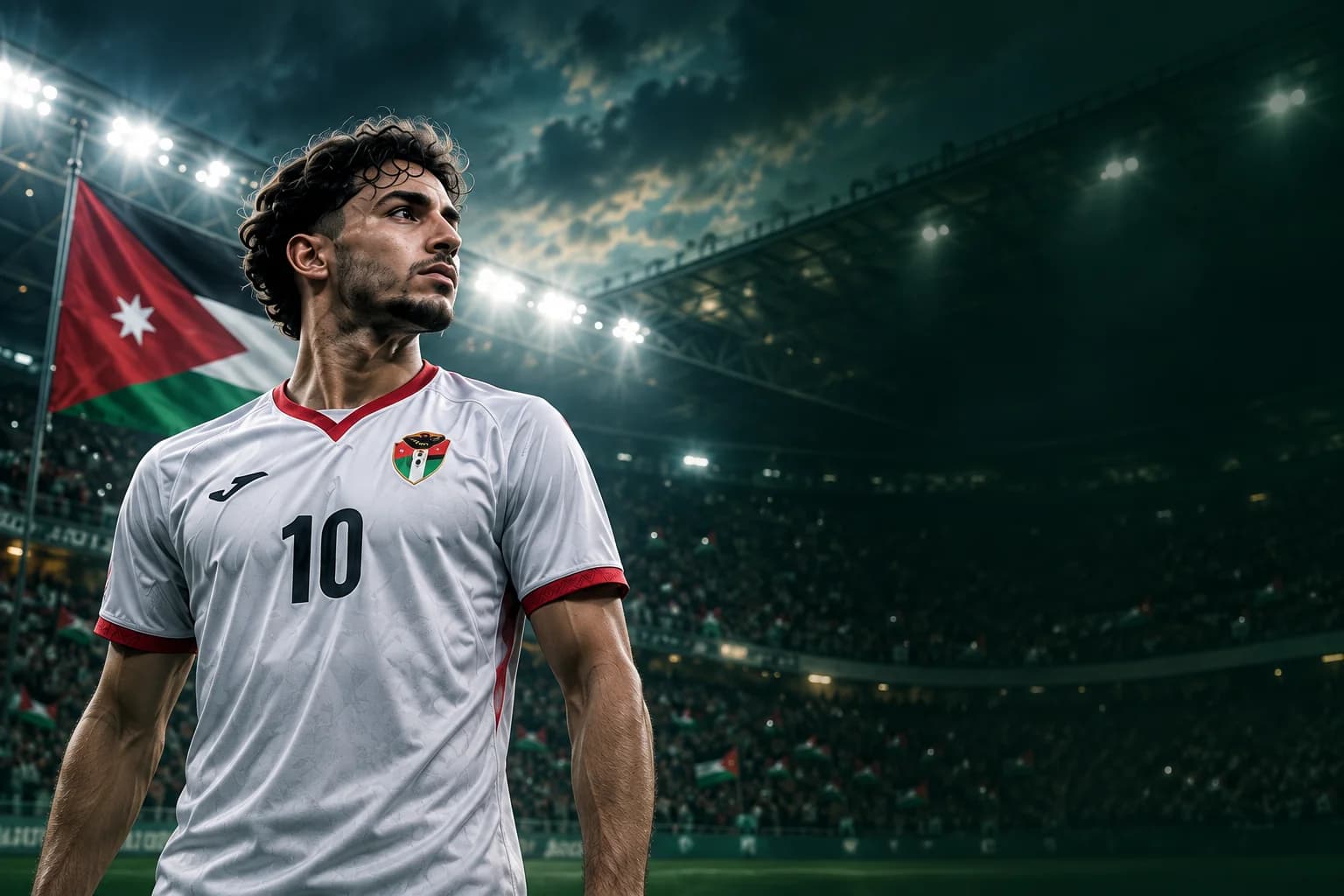 لاعب كرة قدم في ملعب تحت الأضواء